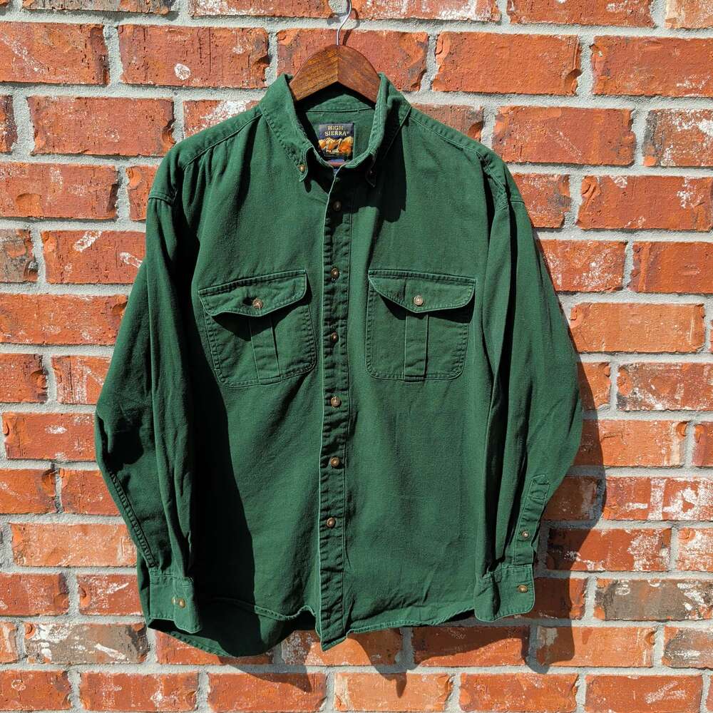 VTG High Sierra Workwear Shirt Mens L Green Snap Button Chest Pocket Cotton